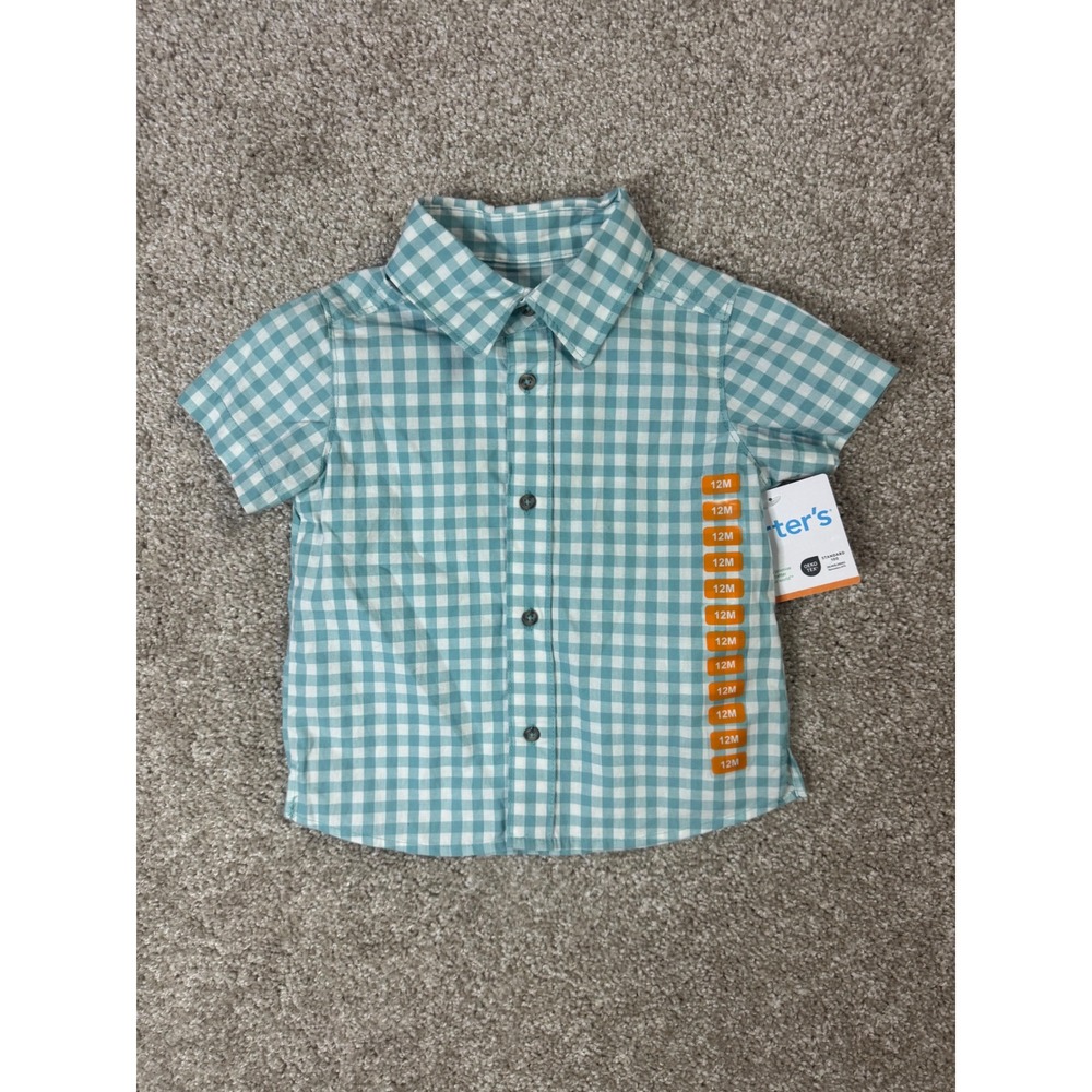 Carters Baby Boys Teal Gingham Short Sleeve Button Front Shirt 12M NWT